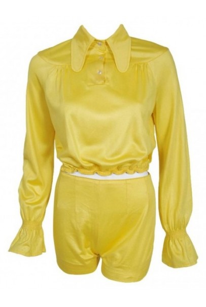1975 Ossie Clark Yellow Jersey Beagle-Collar Cropped Blouse &amp; Matching Hot Pants
