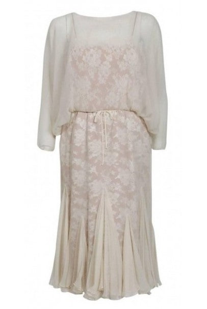 1970&#39;s Travilla Ivory Silk-Chiffon and Lace Illusion Dolman Sleeve Pleated Dress