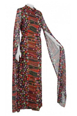 1960's Pauline Trigere Abstract Floral Cotton Kimono Angel-Sleeve Maxi Dress