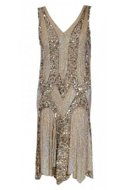1920&#39;s French Couture Champagne Golden Beaded Sequin Art-Deco Flapper Dress