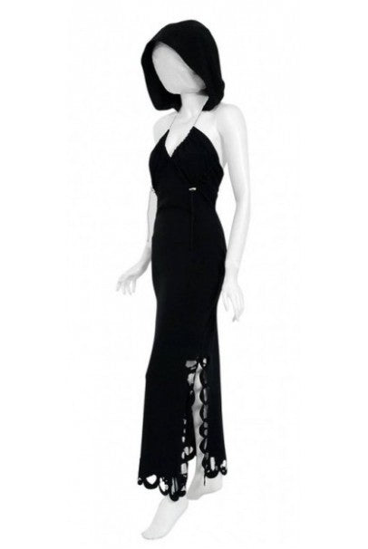 2002 John Galliano Paris Black Silk Cut Out Novelty Hooded Bias-Cut Dress With Tags
