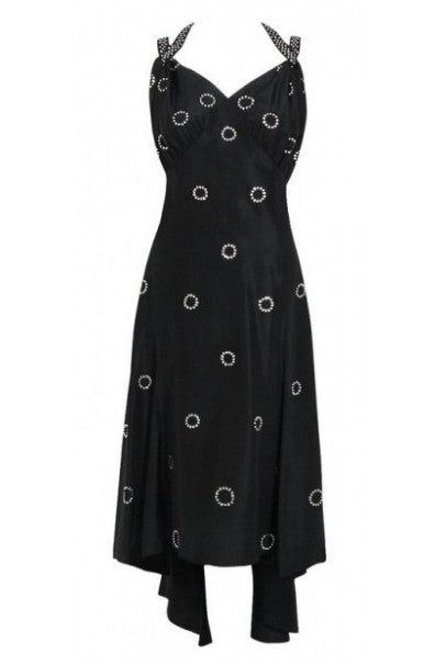 1930&#39;s Rhinestone Studded Deco Circles Black Silk Bias-Cut Waterfall Train Dress