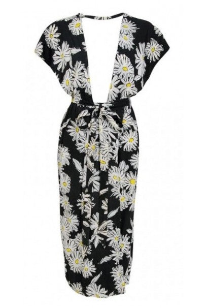 1970&#39;s Sheridan Barnet Daisy Print Crepe Plunge Wrap Dress British Vogue