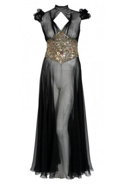 1930's Couture Black Sequin Silk-Chiffon Puff Sleeve Backless Bias-Cut