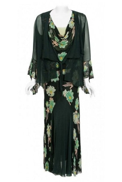 1930&#39;s Green Black Floral Print Lace Chiffon Bias-Cut Gown &amp; Bell-Sleeve Jacket