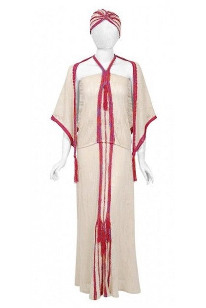 1970 Mary Farrin London Beige Raspberry Hand-Knit Tassel Halter 4-Piece Ensemble