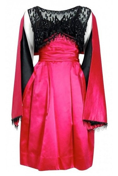 1950&#39;s Couture Fuchsia Pink Satin Beaded Illusion Shelf-Bust Party Dress w/Shawl