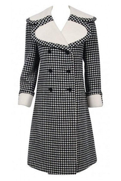 1972 Geoffrey Beene Black &amp; Creme Checkered Wool Double-Breasted Mod Coat
