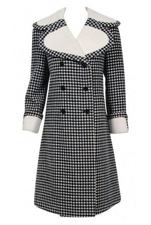 1972 Geoffrey Beene Black & Creme Checkered Wool Double-Breasted Mod Coat