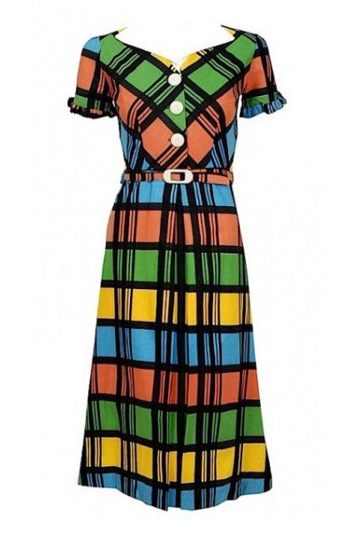 1940&#39;s Rainbow Plaid Print Cotton Button-Down Belted Swing Dress w/ Tags