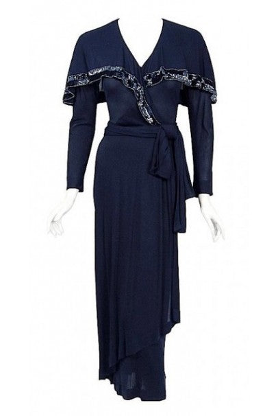 1977 Jean Muir Beaded Sequin Navy Silk-Jersey Capelet Plunge Belted Dress With Tags