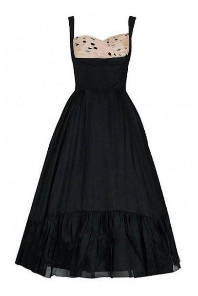 1950&#39;s Oleg Cassini Black &amp; Pink Polka-Dot Silk Full Party Dress