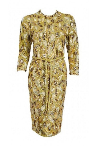 1960&#39;s Gene Shelly Chartreuse Yellow Sequin Beaded Knit Abstract Cocktail Dress