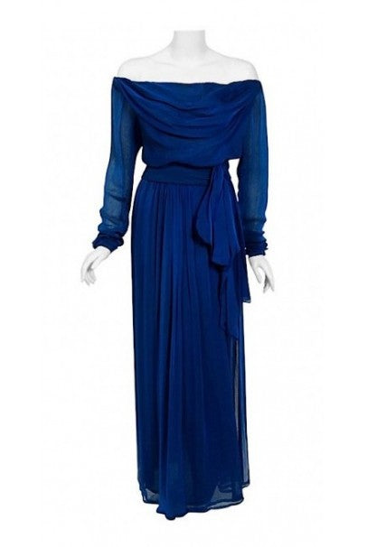 1989 Yves Saint Laurent Haute-Couture Cobalt Blue Silk Off-Shoulder Draped Gown