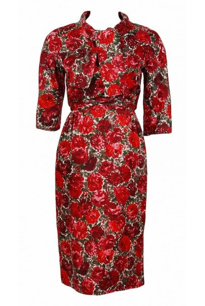 chinese dress ladies 1960's Betty Draper of Mad Men Film-Worn Bonwit Teller Red Roses Silk