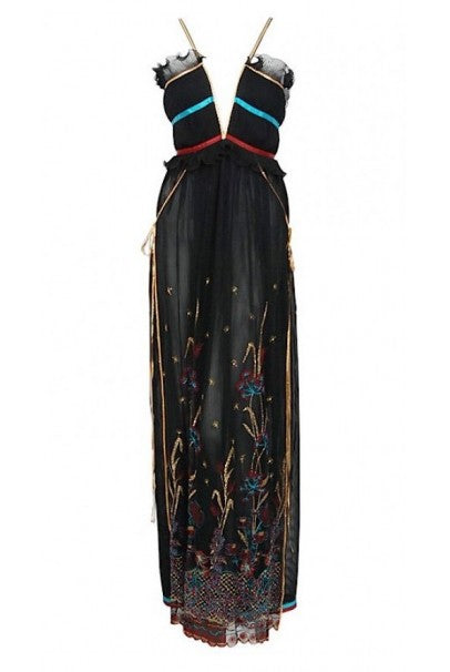 1976 Bill Gibb Pleated Silk &amp; Embroidered Tulle Low-Plunge Metallic Ribbon Gown