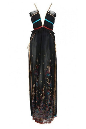 1976 Bill Gibb Pleated Silk & Embroidered Tulle Low-Plunge Metallic Ribbon Gown