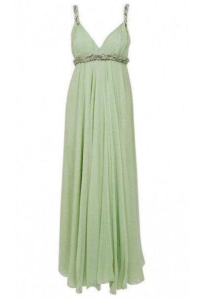 1965 Sarmi Couture Seafoam-Green Jeweled Silk Chiffon Empire Plunge Grecian Gown
