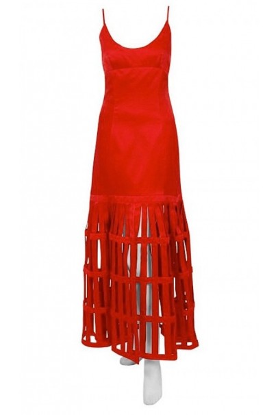 1992 Valentino Boutique Red Silk Low-Plunge Birdcage Cut-Out Backless Maxi Dress 1992 Valentino Boutique Red Silk Low-Plunge Birdcage Cut-Out Backless Maxi Dress