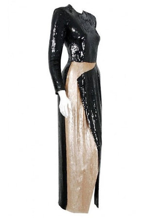 1993 Geoffrey Beene Documented Black & Beige Sequin Geometric Long-Sleeve Gown