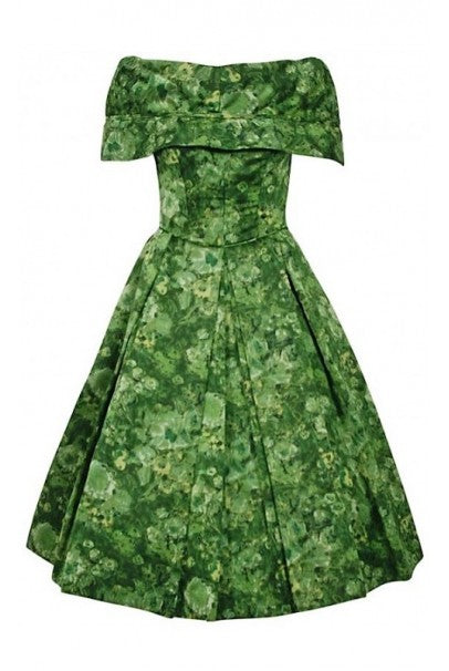 1950&#39;s Peggy Hunt Green Watercolor Floral Silk Portrait-Collar Pleated Dress