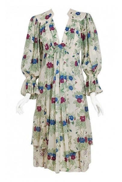 1973 Ossie Clark Couture Celia Birtwell Floral Print Tiered Silk Chiffon  Dress