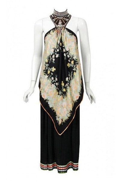 1976 Bill Gibb Documented Floral Silk Beaded Halter Pleated Backless Dress