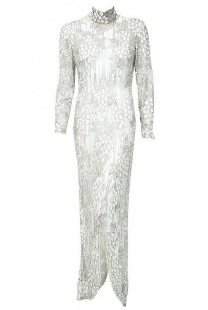 bob mackie maxi dresses 1993 Bob Mackie Couture Ivory Grapevines Beaded Sheer-Net Silk Hourglass  Gown