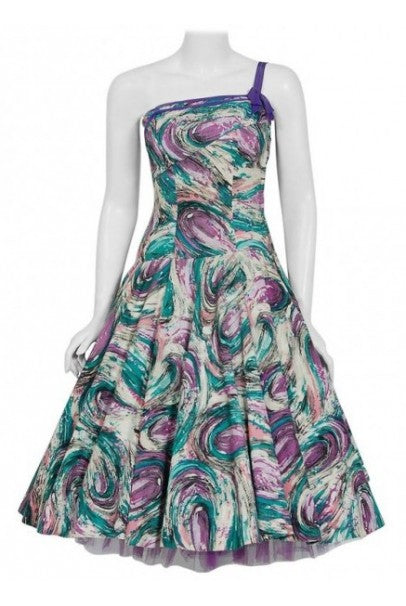 1950&#39;s Perullo Abstract Atomic Purple Blue Cotton Pique One-Shoulder Full Dress