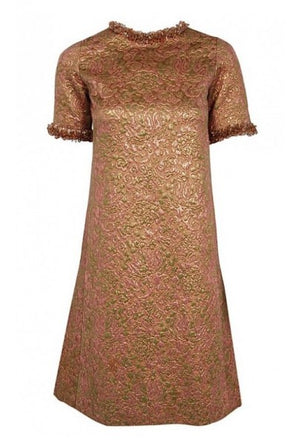 1966 Yves Saint Laurent Paris Beaded Metallic Pink Gold Brocade Cocktail Dress