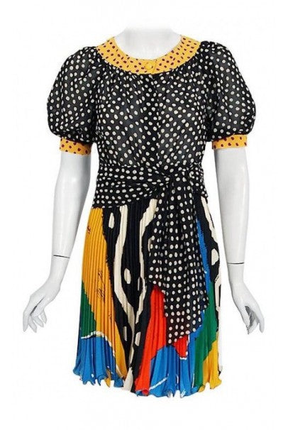 1990 Ungaro Paris Colorful Abstract Print Silk Puff-Sleeve Pleated Mini Ensemble
