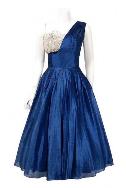 1950&#39;s Beaumelle Sapphire Blue Organza &amp; Metallic Lace One-Shoulder Party Dress