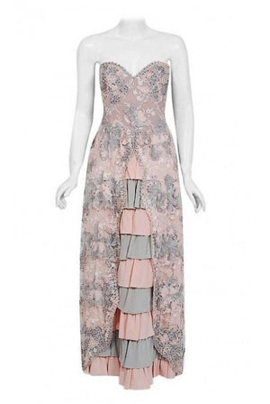 1960 Pale Pink and Grey Embroidered Lace & Tiered Silk Strapless Gown