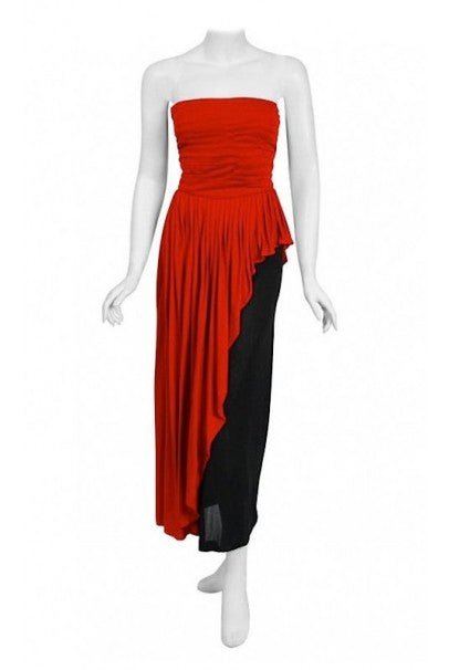 1975 Sheilagh Brown for Quorum Documented Black &amp; Red Jersey Strapless Dress