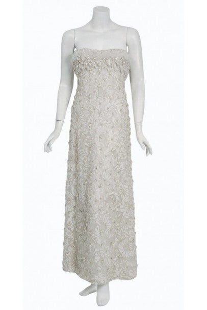 1965 Pierre Balmain Haute-Couture Ivory Beaded Metallic Lace Strapless - Timeless Vixen 1965 Pierre Balmain Haute-Couture Ivory Beaded Metallic Lace Strapless - Timeless Vixen