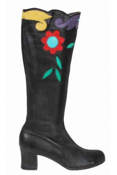 1970&#39;s Karina of Spain Colorful Floral Applique Black Leather Knee-High Boots
