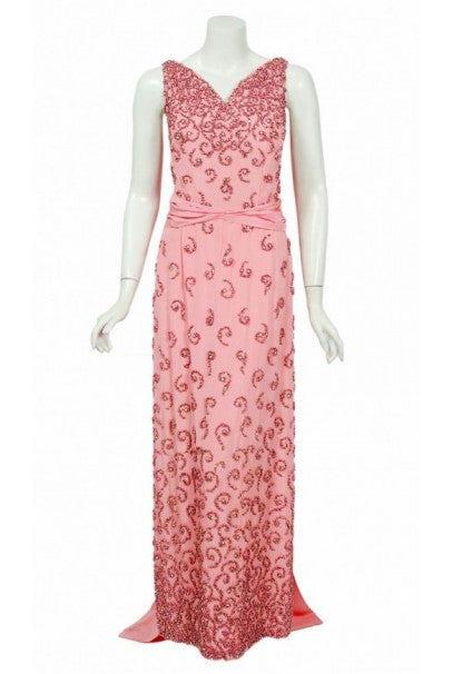 1955 Pedro Rodriguez Couture Pink Beaded Rhinestone Silk Hourglass Trained Gown