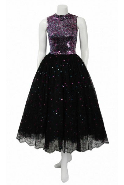 norman norell purple dress 1955 Norman Norell Couture Museum Held Chantilly Lace Sequin Dress