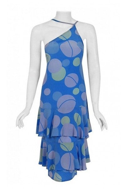 1975 Karl Lagerfeld for Chloe Periwinkle Print Silk Asymmetric Dress