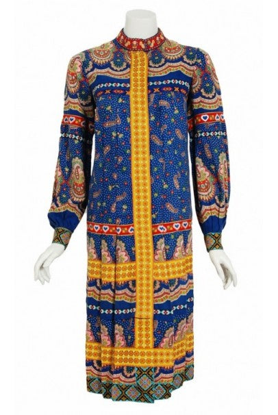 1970 Sant Angelo Documented Bohemian Print Cotton Dress Worn by Zsa Zsa Gabor