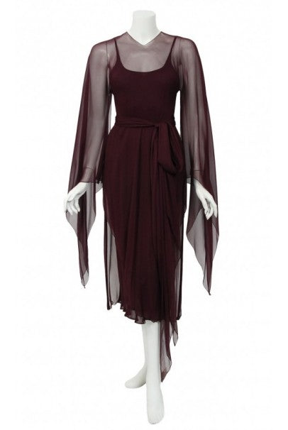 1970&#39;s Halston Couture Dark Purple Chiffon Wing Sleeve Bias-Cut Belted Dress