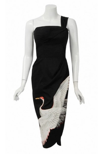 1950&#39;s Alix of Miami Crane Bird Novelty Applique Black Cotton One-Shoulder Dress