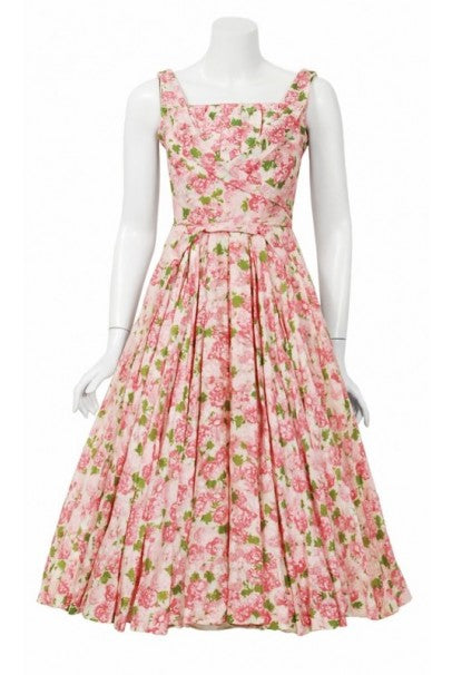 1950&#39;s Ceil Chapman Pink Carnations Floral Print Cotton Pleated Full-Skirt Dress