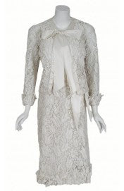 1971 Chanel Haute Couture White Tulip Novelty Lace &amp; Satin Party Dress Ensemble