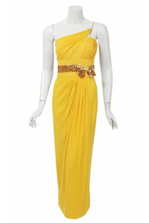 1970's Jacques Cassia Couture Yellow Jersey & Metal Draped Dress