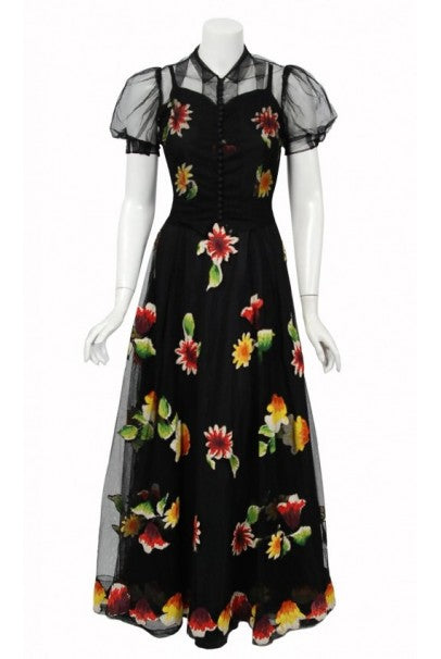 1930&#39;s Rainbow Floral Applique Silk &amp; Sheer Net-Tulle Puff Sleeve Gown Ensemble