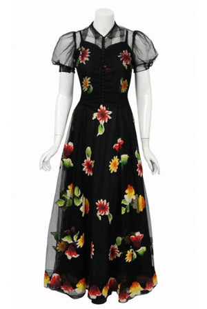 1930's Rainbow Floral Applique Silk & Sheer Net-Tulle Puff Sleeve Gown Ensemble