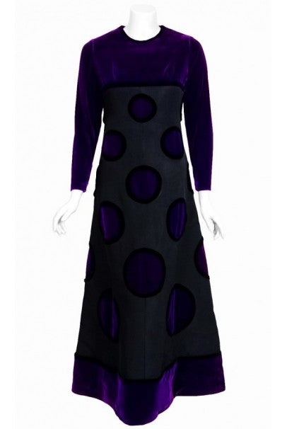 1970 Pierre Balmain Haute-Couture Purple Velvet Graphic Mod Evening Gown &amp; Cape
