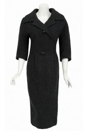 1955 Christian Dior Haute Couture Documented Charcoal-Gray Wool Sheath Dress