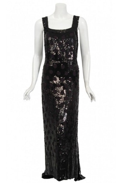 1930&#39;s Henri Bendel Couture Purple Silk &amp; Black Sequin Deco-Dots Trained Gown